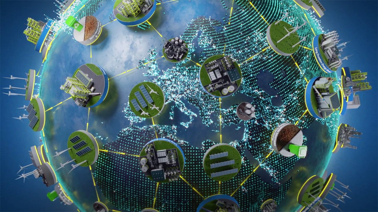Snippet from a 3D-generated view of Sumitomo world of islands eaturing a multiple factories.