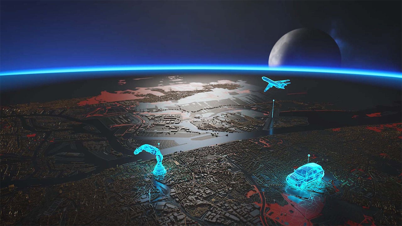 3D-generated view of earth surface showing a x-ray styled car, airplane and machine.