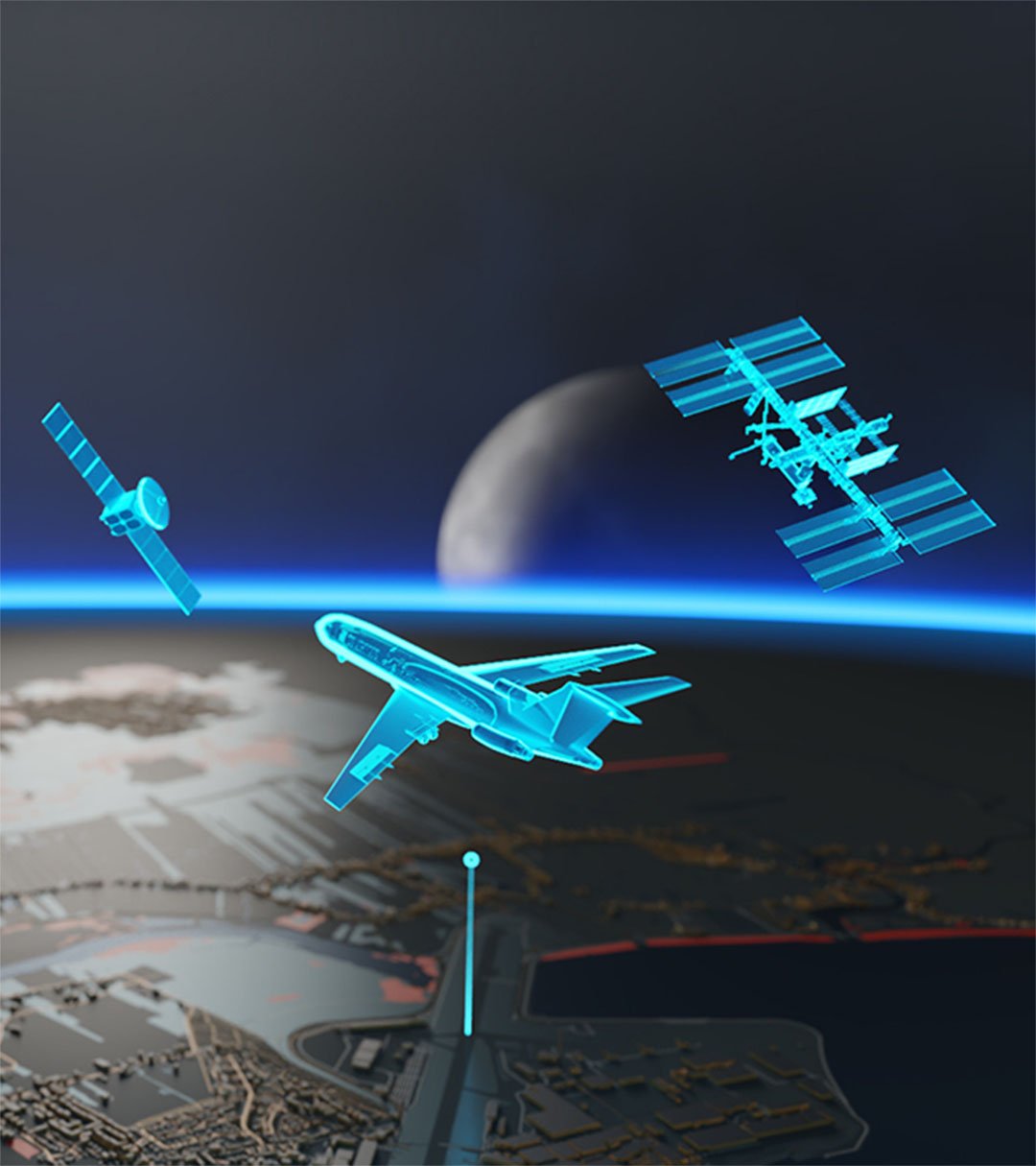 Snippet from a 3D-generated view showing a x-ray styled airplane and satellites.